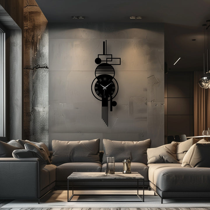 Displaying the modern vertical metal artwork clock as a central subject, showcasing its geometric design with Roman numerals in a stylish living room setting.
