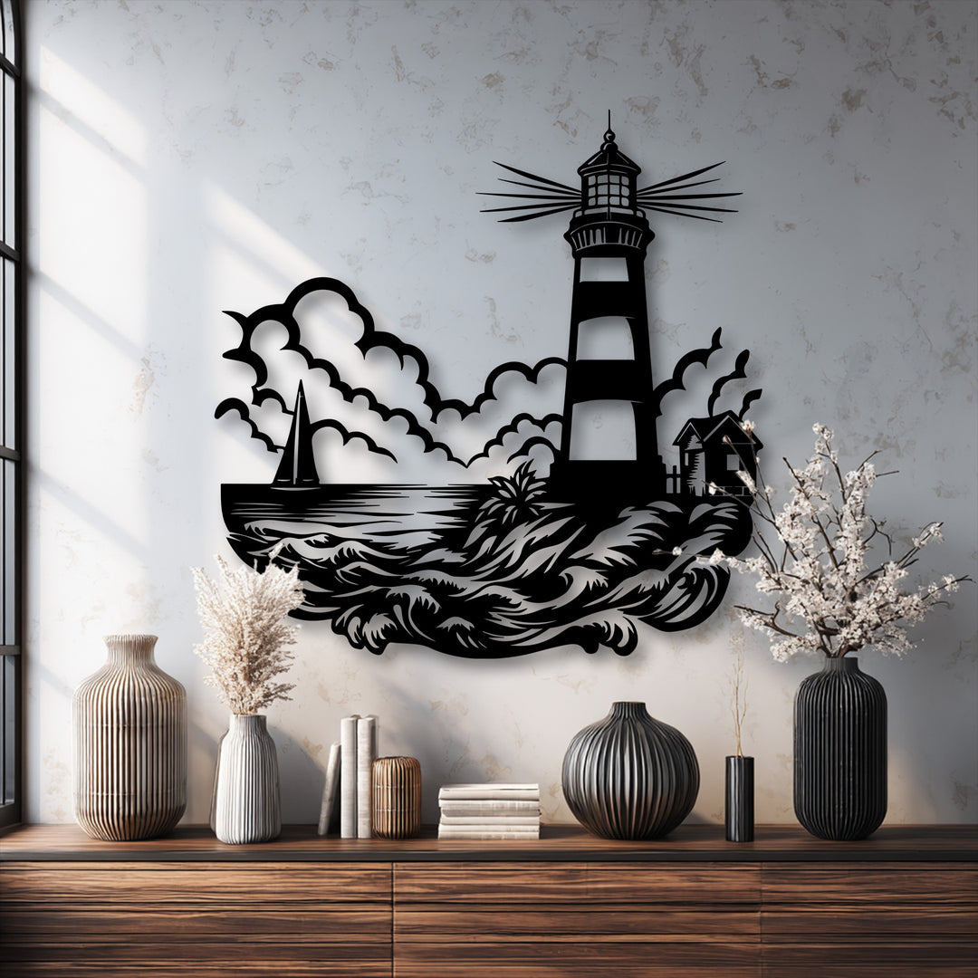 Vivid crashing ocean waves and a sailing boat convey continuous movement in this lighthouse seascape decoration wall art.