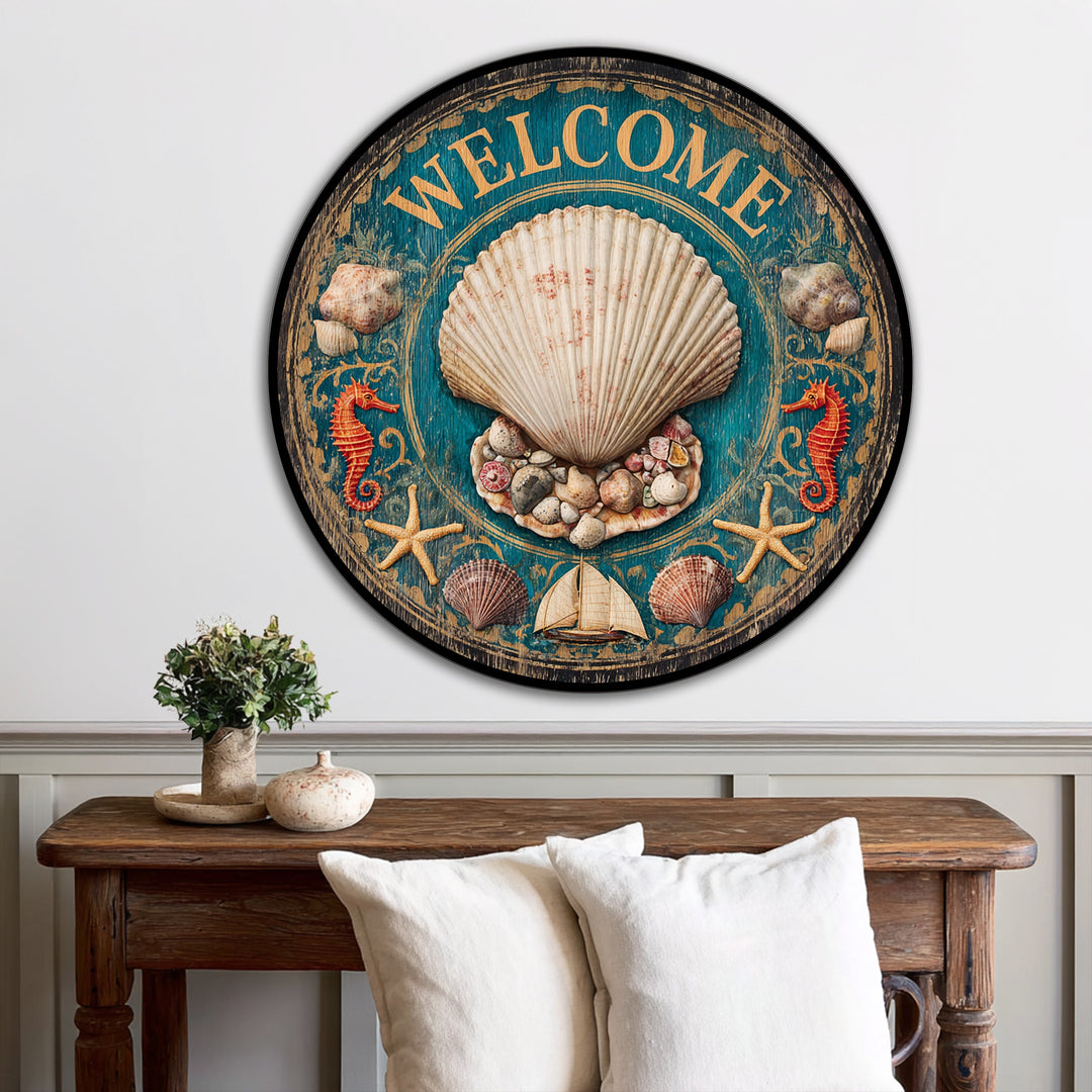 Heavily textured surface of the vintage round oil painting art piece showcases raised seashells and seahorses for a coastal welcome.