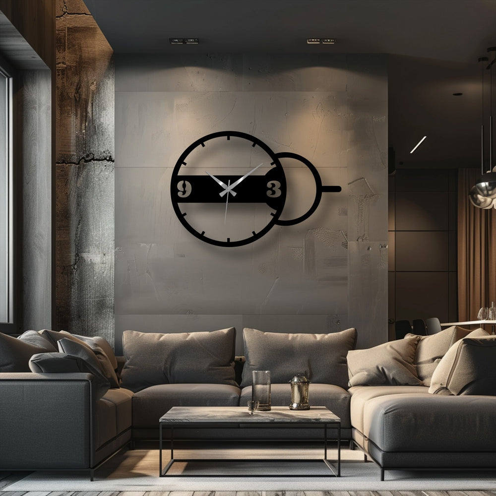 Shadows accentuate the modern geometric metal wall clock's design, creating a play of light on the wall and adding depth to this unique metal wall art.