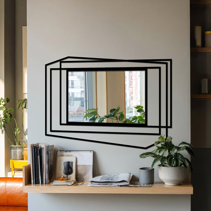 Reflecting the stillness, the layered geometric asymmetrical frame floor mirror presents a modern black metal design as decoration wall art.
