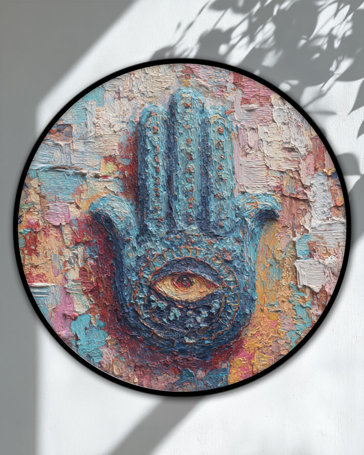Showcasing the abstract quality of a mystic hand of protection round canvas print with a spiritual eye design, this premium canvas decor piece presents a unique colorful wall art statement.