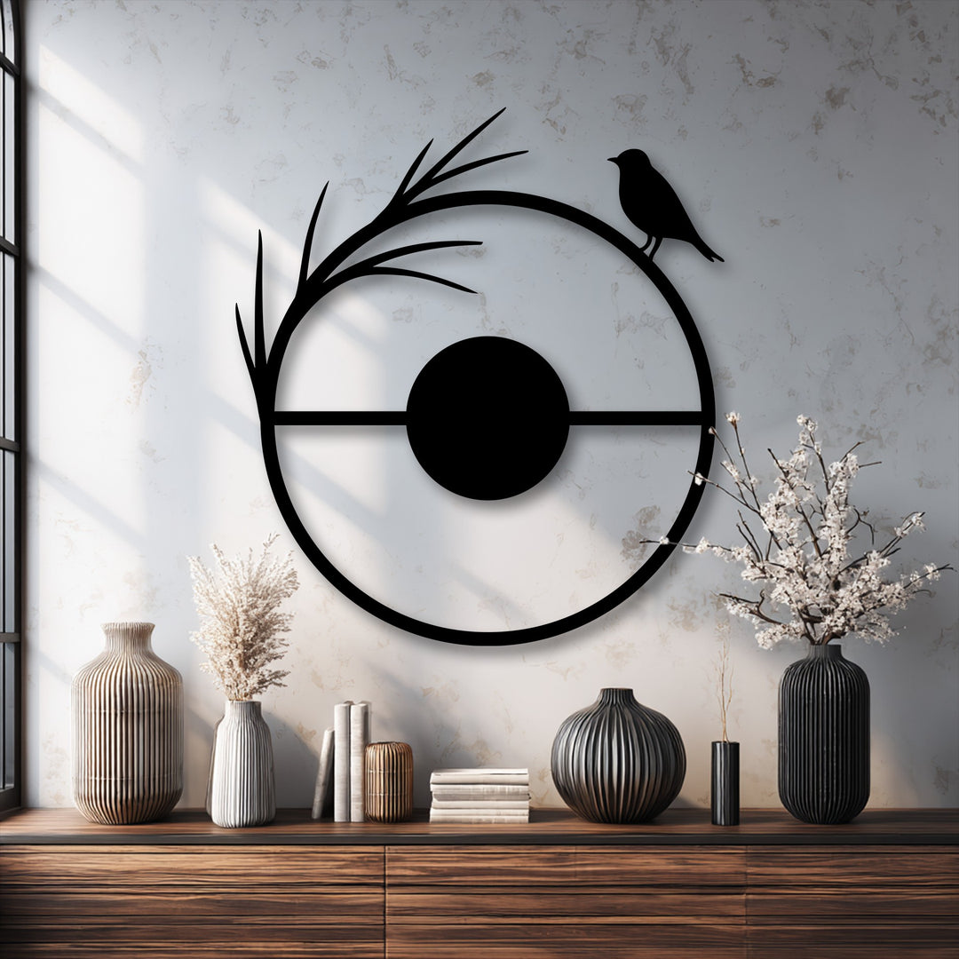 The sun-drenched textured wall provides a striking backdrop for the minimal bird circle decorative metal art, a modern nature silhouette.
