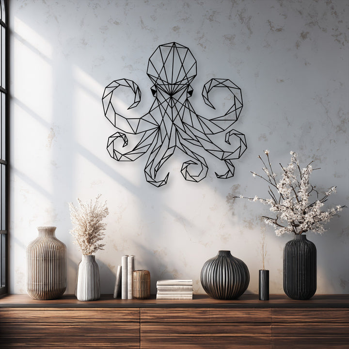 A prominent, centrally oriented geometric octopus of decorative metal art features an intricate, angular shape, creating a focal point above the console.