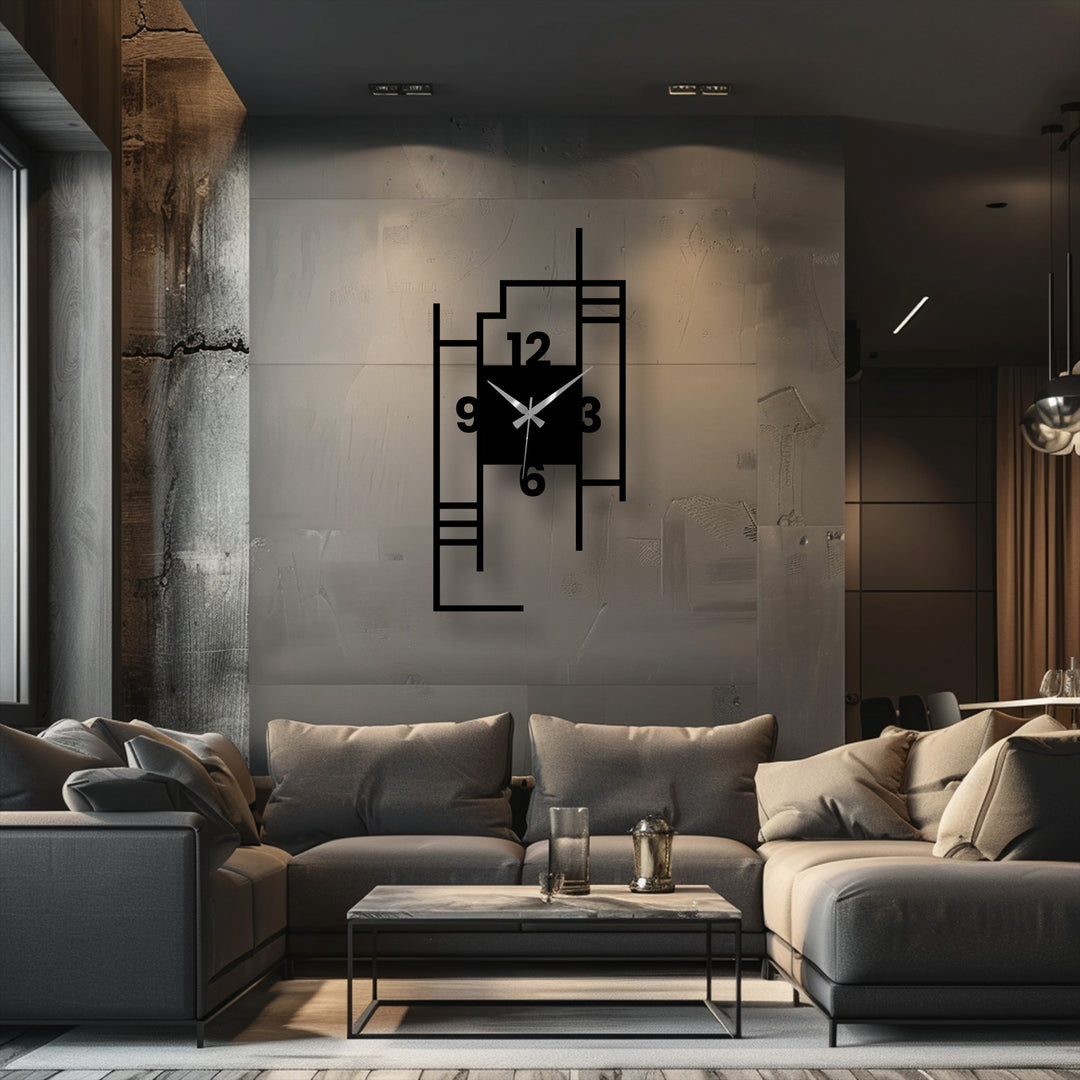 Warm color temperature highlights the modern city skyline geometric decorative metal art clock, contrasting with the cool gray tones of the room's home decor.
