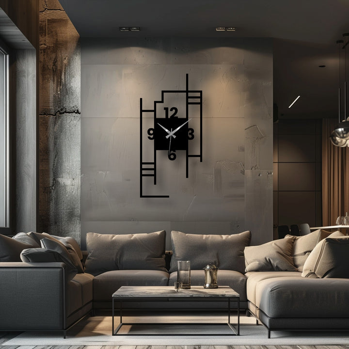 Warm color temperature highlights the modern city skyline geometric decorative metal art clock, contrasting with the cool gray tones of the room's home decor.