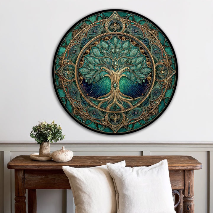 Emerald and teal colors blend seamlessly in this round wooden oil painting art prints of a sacred tree, accented with ornate gold details.