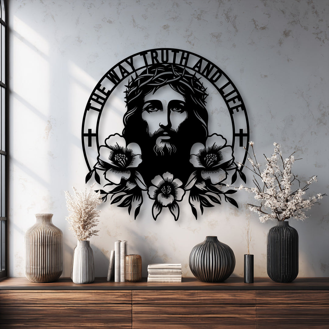 The focal point is a powerful metal artwork of Jesus, featuring a crown of thorns, flowers, and 'The Way Truth and Life' text.