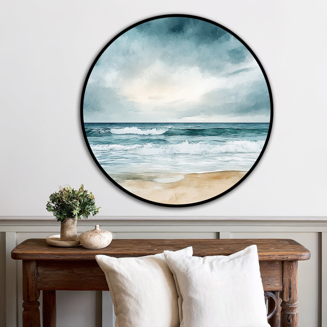 Swirling clouds and crashing waves give a dynamic sense of movement in this round coastal horizon scene, a piece of modern oil painting art on a tranquil beach.