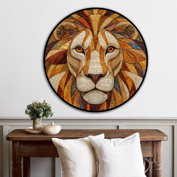 The focal point showcases a majestic mosaic lion portrait, a stunning oil painting decoration with warm golden tones and intricate detailing within a striking round frame.