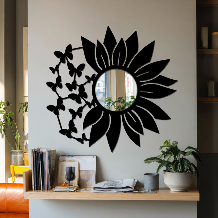 Showcasing a sleek black finish, the Butterfly Bloom floor bathroom mirror presents a contemporary home decor aesthetic with its unique floral and butterfly metal art for wall design.