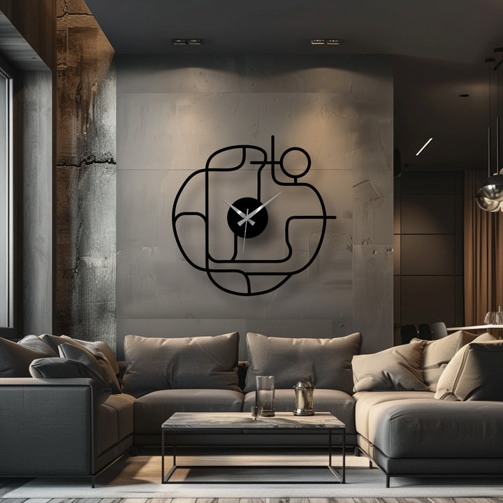 Horizontal, circular abstract metal wall clock presents a unique metal wall art design using continuous lines to create a modern, decorative shape.