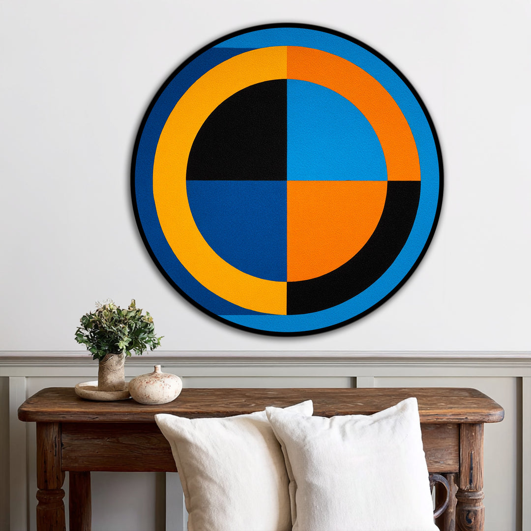 Abrupt transitions between the black, blue, and orange sections define this bold round geometry, making it a striking example of modern oil painting art.