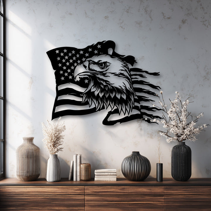 The precise laser-cut edges and artfully jagged borders of this striking metal art for wall highlight the dynamic eagle and American flag design.