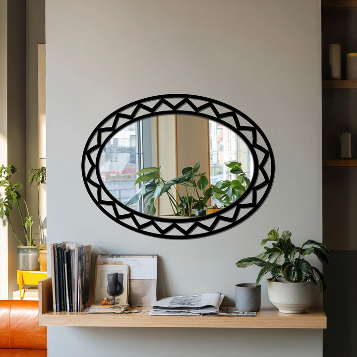 Featuring a geometric black frame, this oval floor mirror elevates spaces while decorating with wall mirrors through its bold and modern appeal.