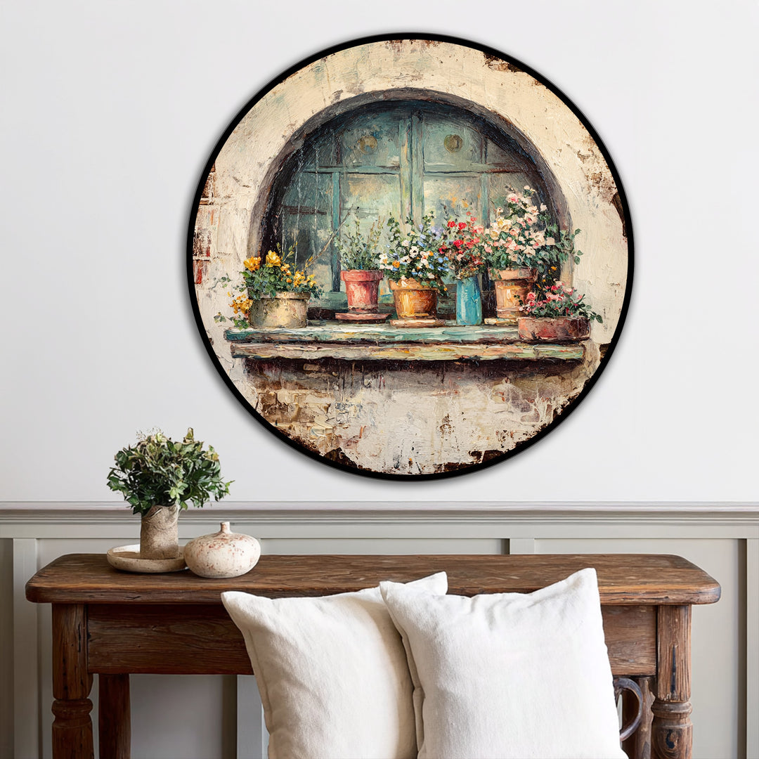 Rustic Window with Flower Pots Round Oil Painting