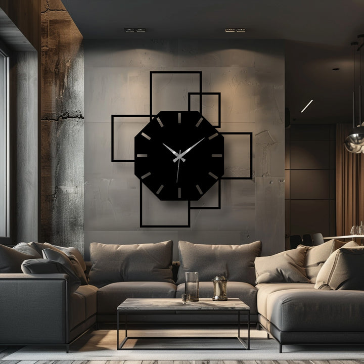 Horizontally oriented metal artwork features an octagonal clock face surrounded by an asymmetrical square frame design, lending a geometric touch.