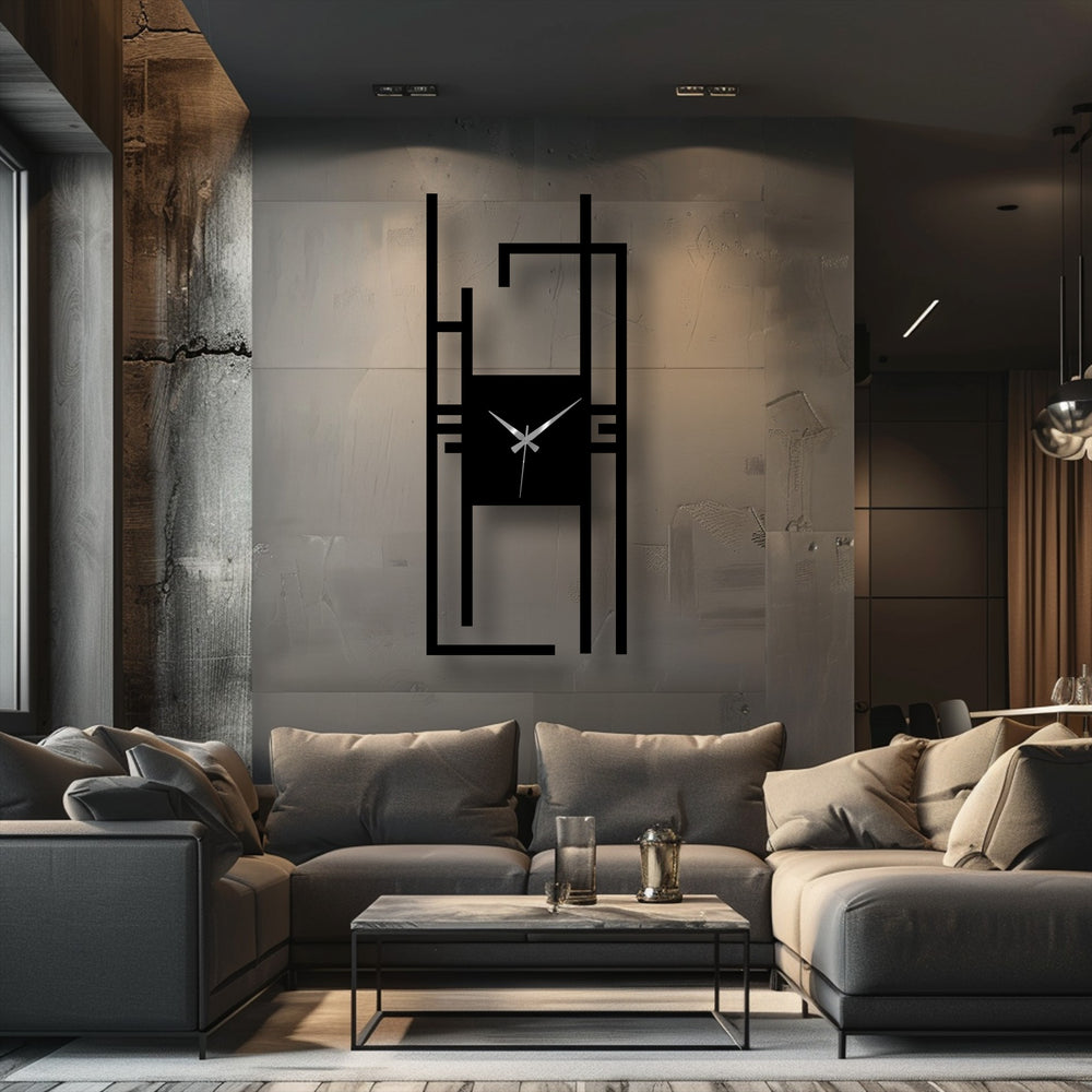 Highlighting the transition between colors, this vertical abstract metal artwork clock features a modern geometric design, perfect as a stylish wall decor piece.