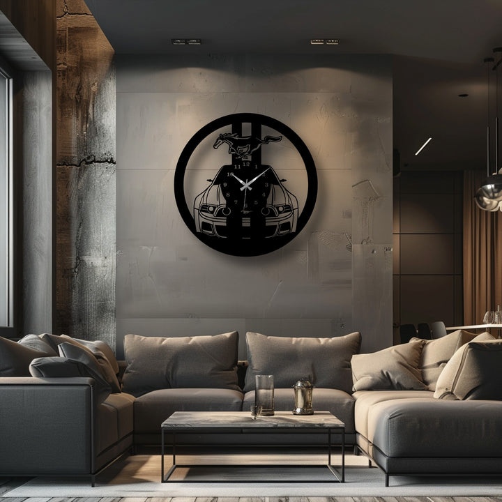 Highlighting the organic forms, the muscle car and running horse blend seamlessly, creating unique metal art for wall in this Wild Mustang clock.