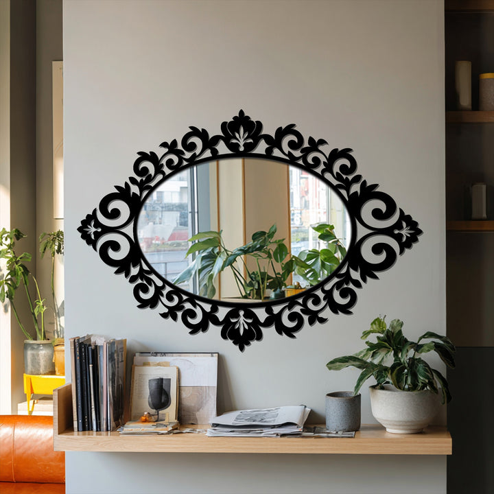 Stillness reflects in modern wall mirrors, where a baroque floral oval floor mirror presents a moment of quiet elegance amid the ornate design.