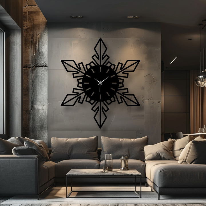 Highlighting the layering effect, a snowflake geometric metal art for wall clock in a modern design creates depth against a textured backdrop.