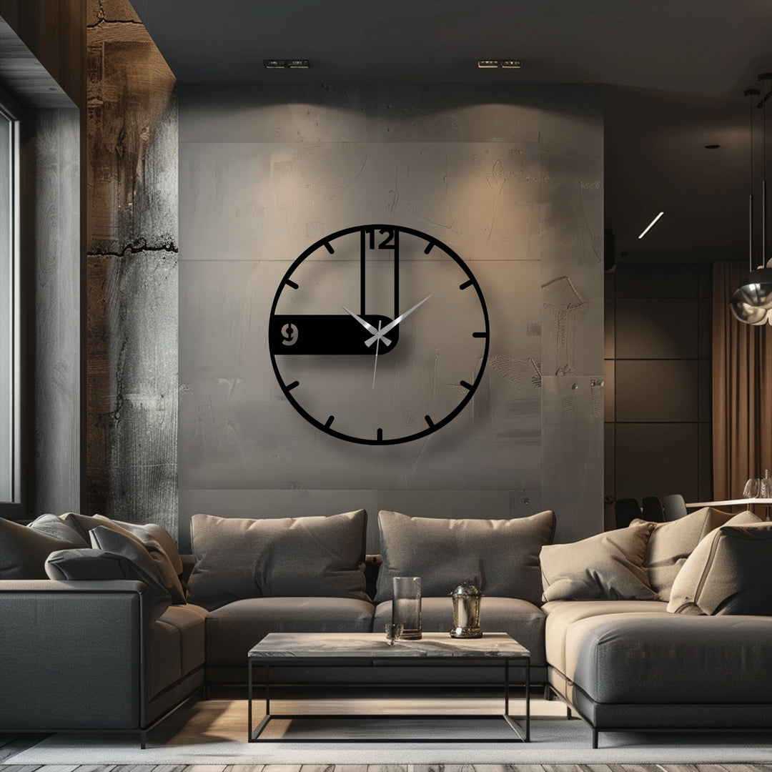 Sinuous lines of this metal artwork define the modern asymmetrical black wall clock, offering a contrast against the room's sharp angles and linear design.