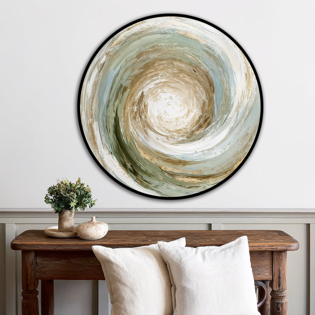 Subtle shifts define the spiral in this round abstract oil painting art piece, where earthy browns seamlessly meet soft blues and whites.