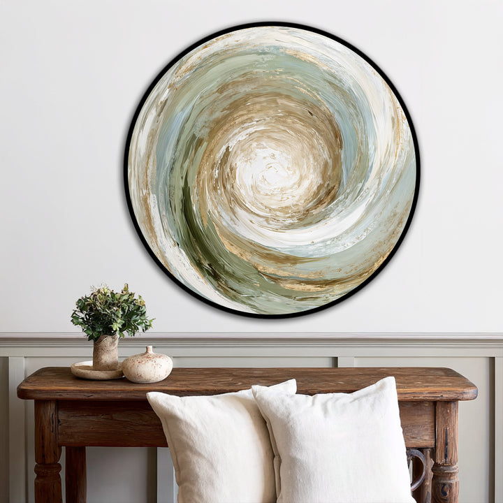 Subtle shifts define the spiral in this round abstract oil painting art piece, where earthy browns seamlessly meet soft blues and whites.