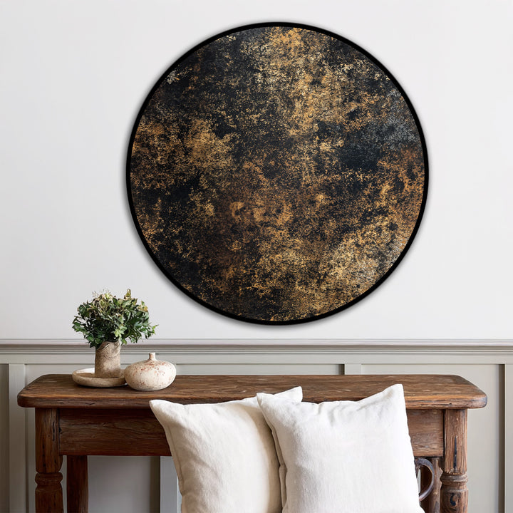 Dominant black and gold tones define this round wooden oil painting home decor, showcasing an abstract texture that would bring a luxurious circular art piece to any wall.