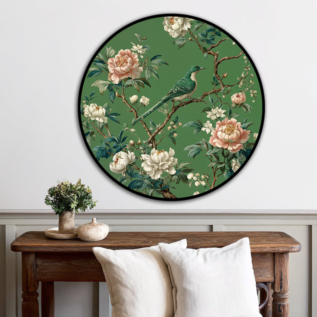 Emerald Songbird Among Blossoms Round Oil Painting
