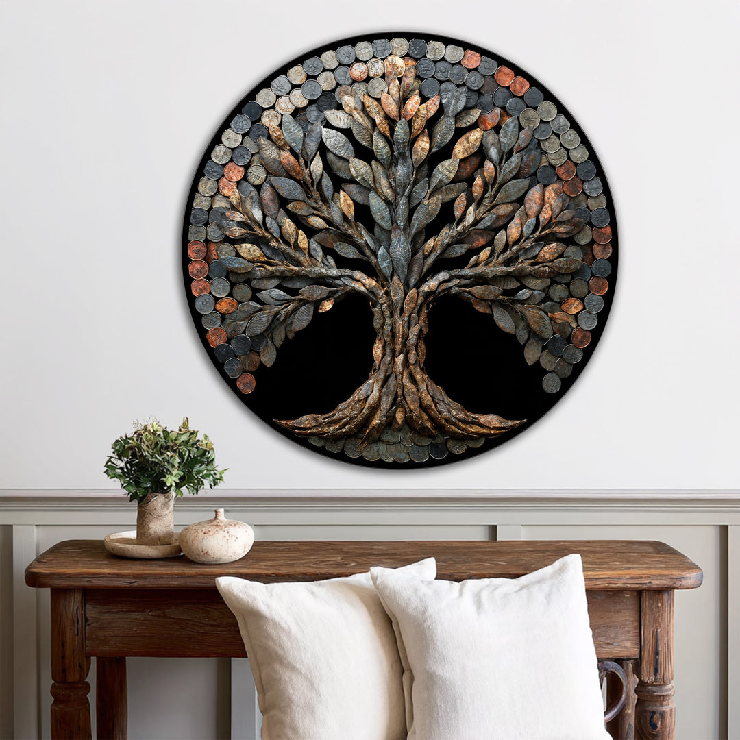 Circularly oriented, the oil painting art prints feature a rustic coin tree, presented as a round wooden wall art piece with metallic textures, for a bold display.