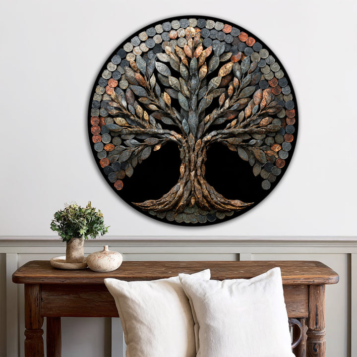 Circularly oriented, the oil painting art prints feature a rustic coin tree, presented as a round wooden wall art piece with metallic textures, for a bold display.