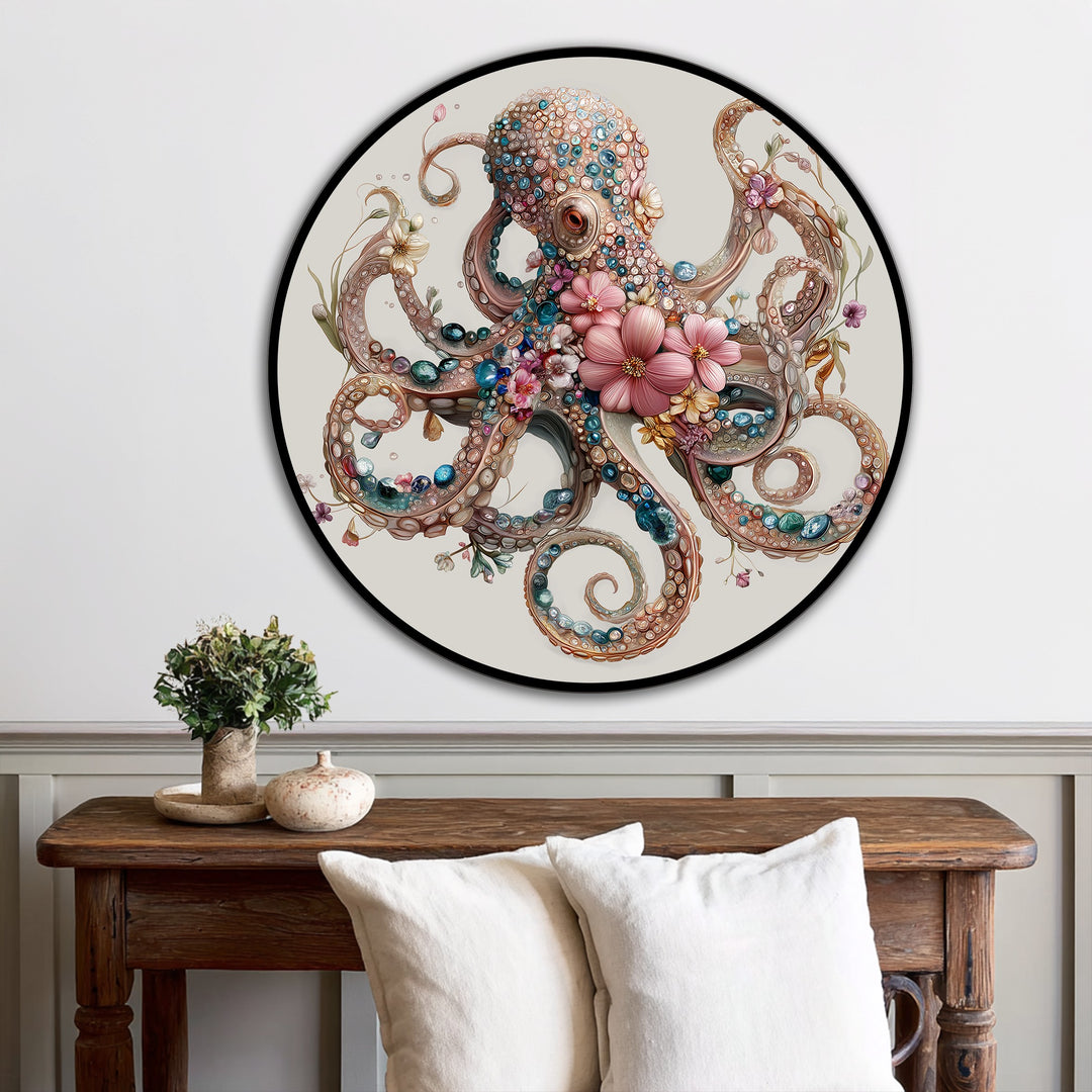 Featuring intense color saturation, this floral jeweled octopus round oil painting showcases a striking elegant ocean motif with captivating elements of modern oil painting art.