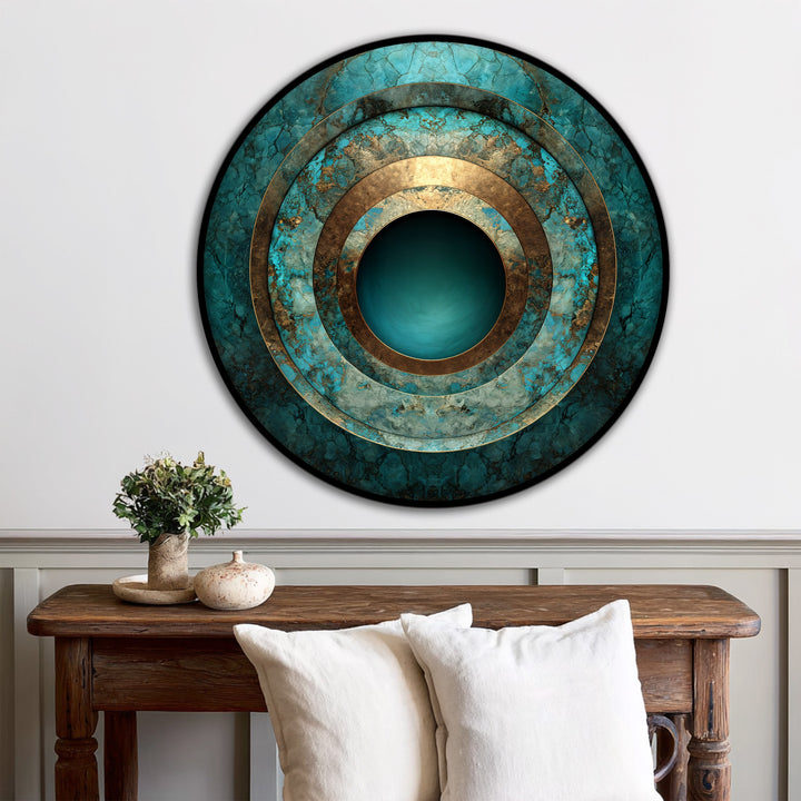Layers of turquoise and gold in this modern oil painting art piece create an intriguing sense of depth with concentric circles on wood.