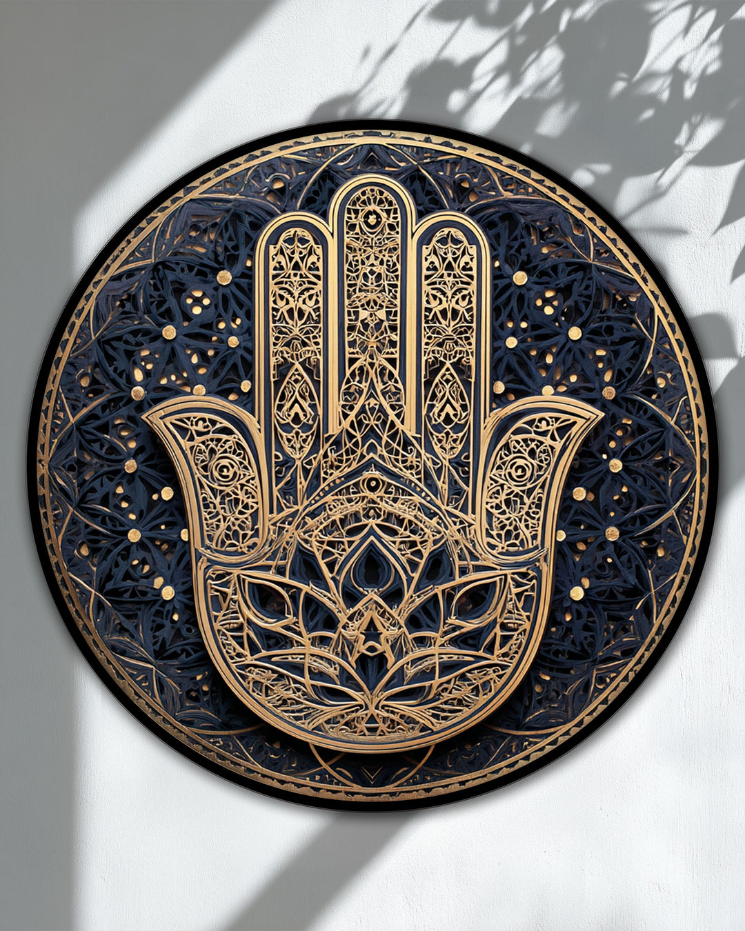 Organic forms intertwine to shape this round spiritual canvas art prints featuring an ornate hamsa hand with golden mandala details.