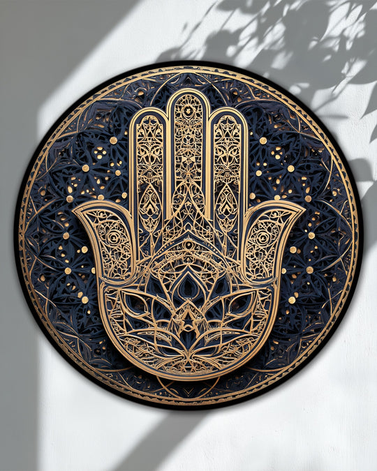Organic forms intertwine to shape this round spiritual canvas art prints featuring an ornate hamsa hand with golden mandala details.