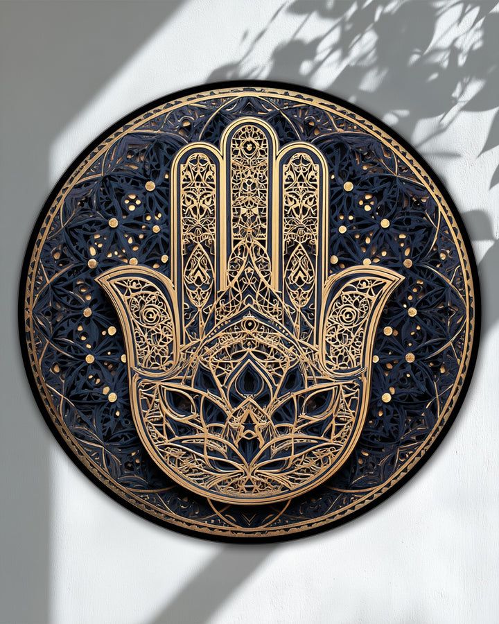 Organic forms intertwine to shape this round spiritual canvas art prints featuring an ornate hamsa hand with golden mandala details.