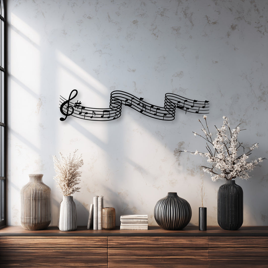 The visual rhythm of this elegant black metal decoration wall art features flowing musical notes, creating a harmonious and dynamic display.
