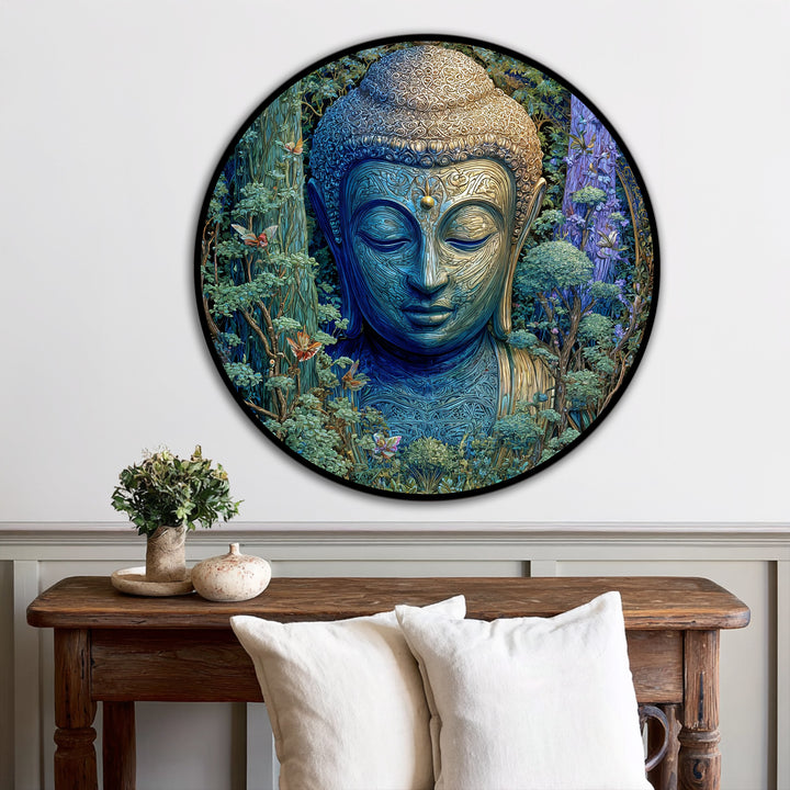 Emerald hues dominate this round oil painting art piece featuring a serene Buddha surrounded by a tranquil forest, creating a calming statement art.