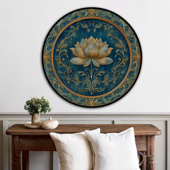 Evoking a sense of tranquility, this golden lotus elegance round oil painting offers a calming oil painting reproduction print with ornate floral details on a deep teal backdrop.