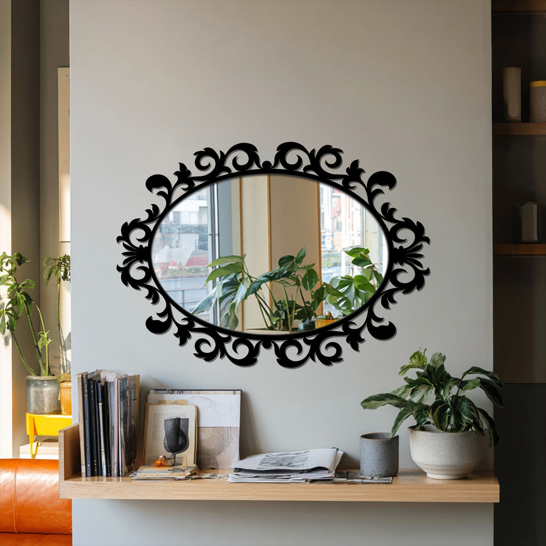 Reflecting surface texture, this stained glass wall mirror features an imperial scroll leaf frame, offering a glimpse of the room's natural light.