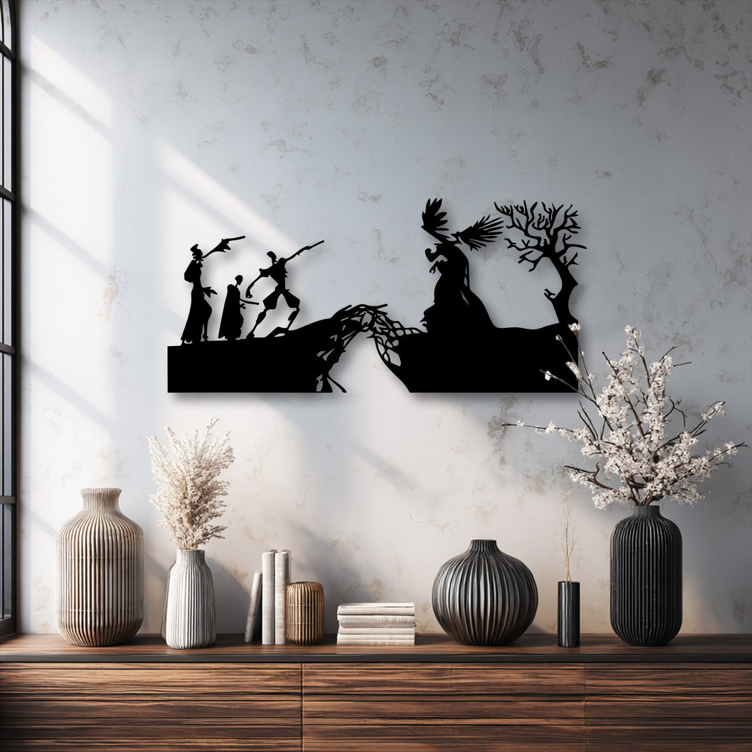 The brightest area highlights the striking shadows from a window, contrasting with the dark 'Divine Encounter' mythological metal decoration wall art.