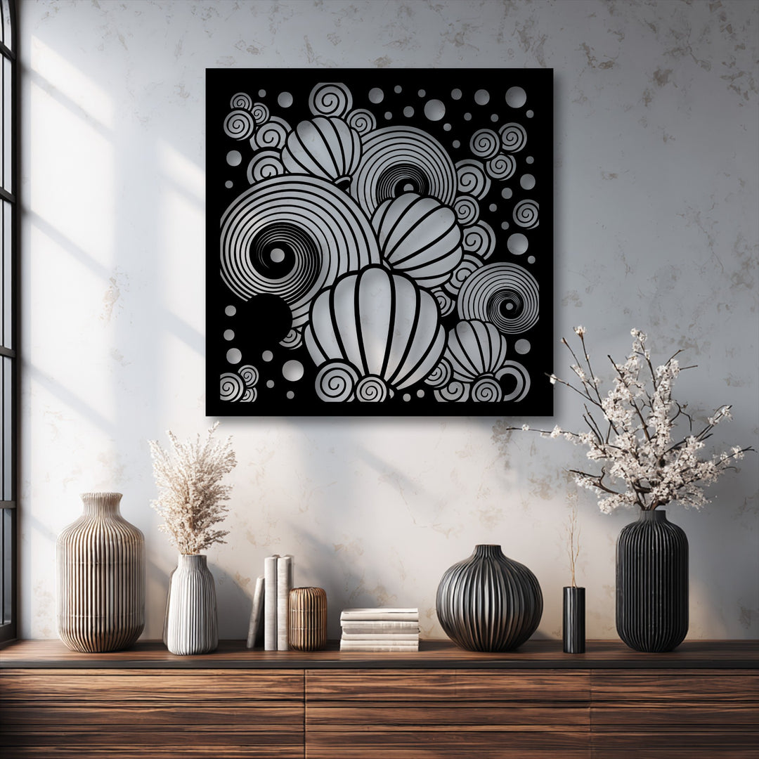 The striking transition between the deep black and radiant silver defines this abstract spiral and balloon metal art for wall.