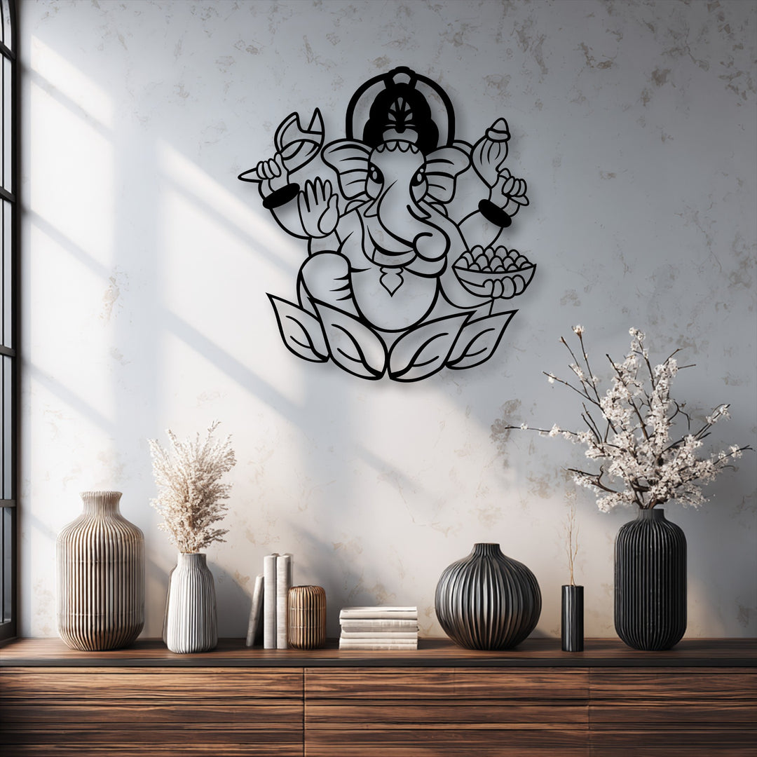The geometric elements of this metal art for wall, featuring a stylized Ganesha on a lotus, complement the linear patterns of the vases below.