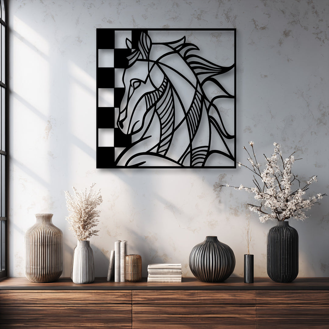 Prominently displayed in the foreground are various ribbed vases and books, complementing the striking geometric horse decorative metal art.