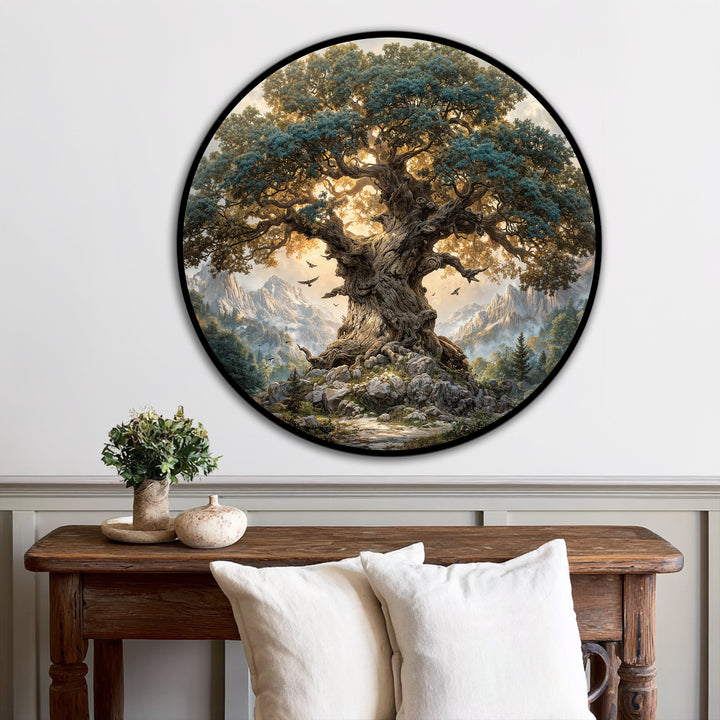 Glowing warmly with sunlight, the brightest area of this ancient mountain oak provides stunning oil painting decoration within the majestic tree landscape.