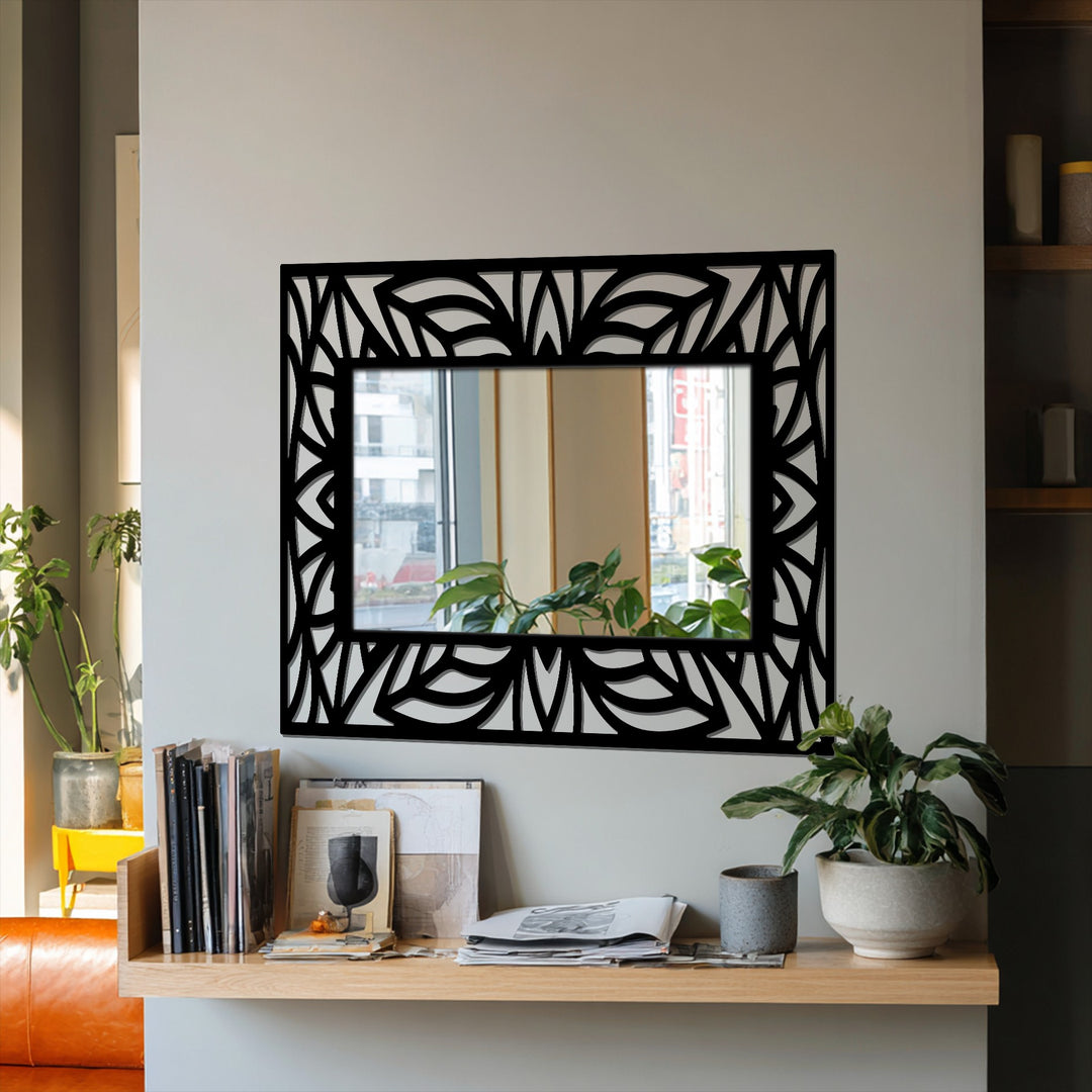 Reflected in the decorative mirror is a bright, sunlit background view of a cityscape with lush indoor plants adding to the home decoration.