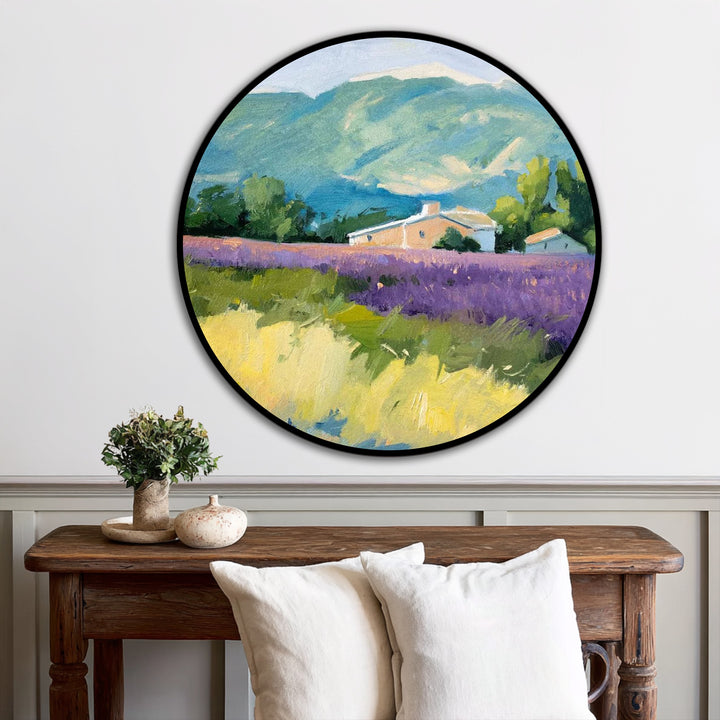 Mountains softly blurred as the background of this lavender field landscape with oil painting home decor, complete with a quaint countryside home.