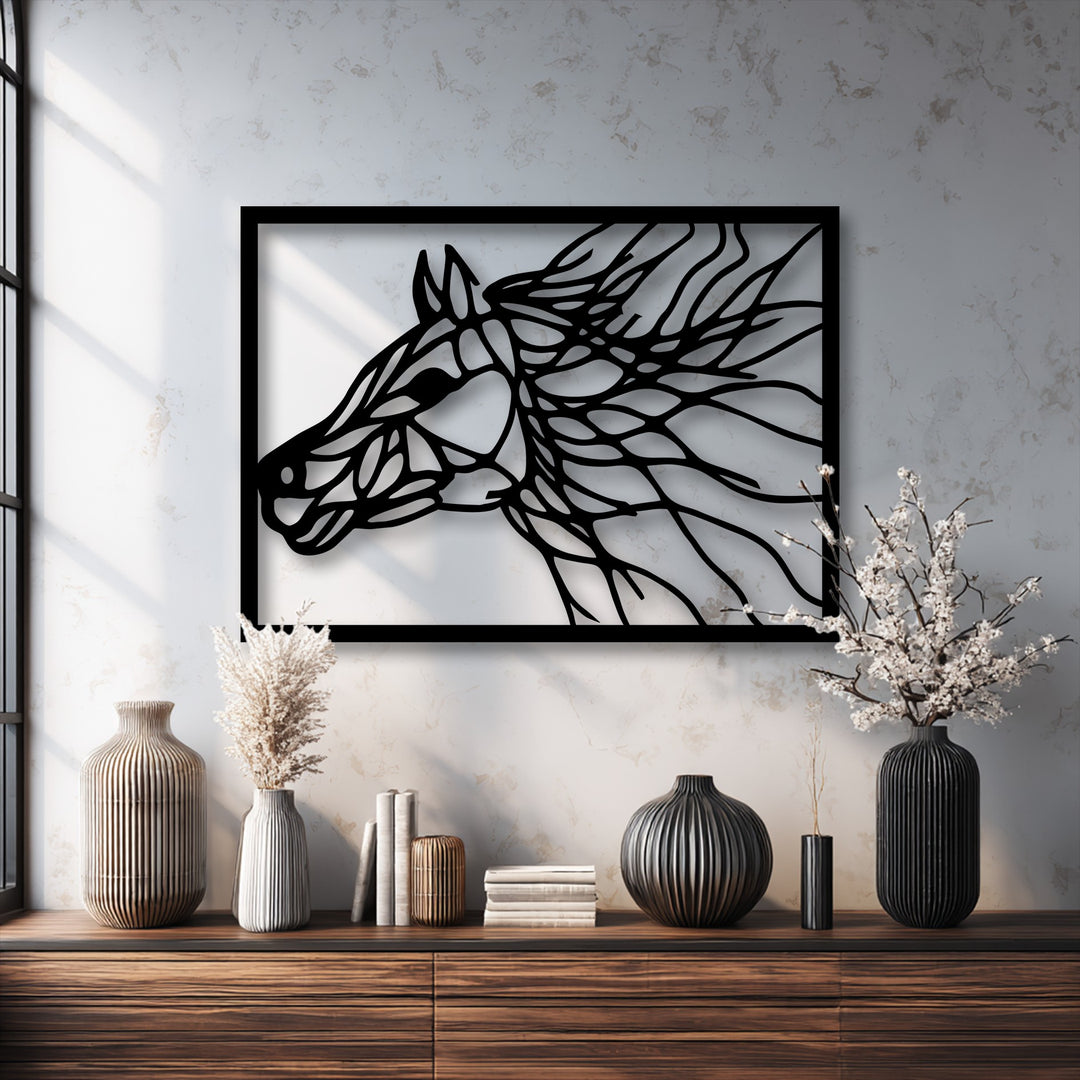 The warm color temperature highlights the intricate black abstract horse portrait metal art for wall above a natural wooden console.