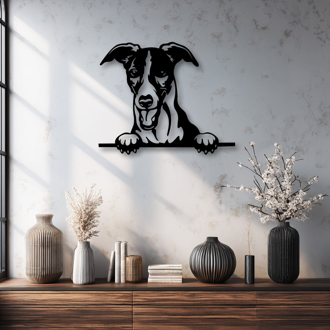 Layered shadows cast by the curious unique metal wall art of a peeking dog create a striking sense of depth on the wall.